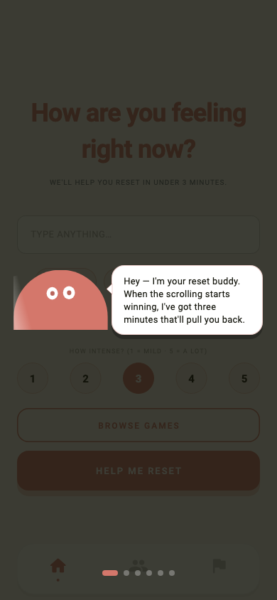 Gig-Up asking 'How are you feeling right now? We'll help you reset in under 3 minutes.'